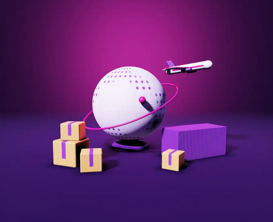 Globo terráqueo con avión de carga, contenedor y cajas listas para importar